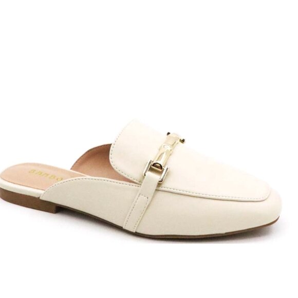 Shoes - 174. Elegant Cream Open Back Horsebit Loafers with Gold Detailing